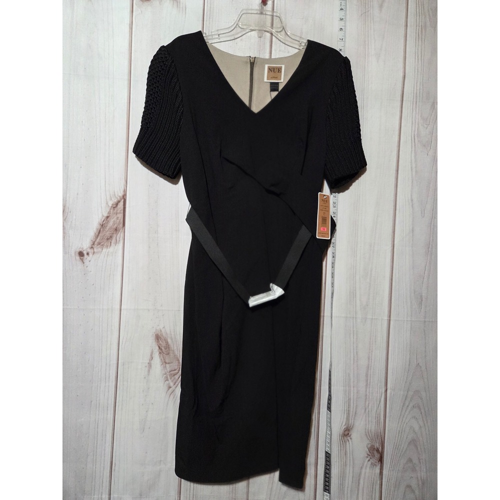 NUE by Shani Black Bodycon Sheath‎ Dress Knit Sleeve Belted V Neck Ladies 16